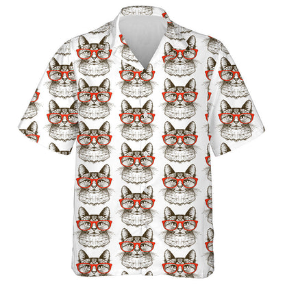 Hipster Cat And Red Glasses Hand Drawn Hawaiian Shirt, Hawaiian Shirt Gift, Christmas Gift