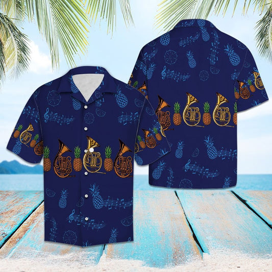 Navy Themed French Horn Musical Instrument Pattern Hawaiian Shirt, Hawaiian Shirt Gift, Christmas Gift