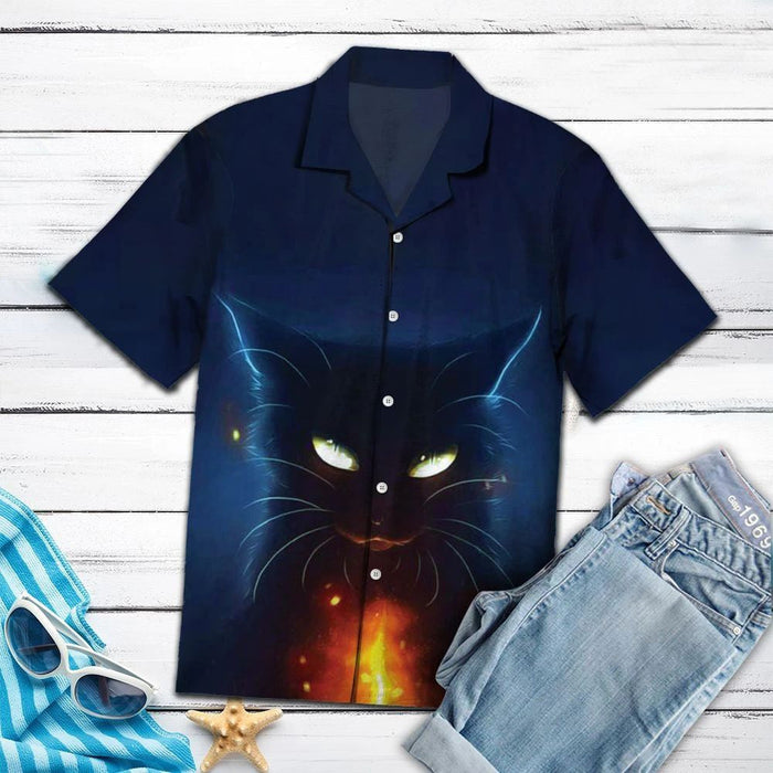 Amazing Halloween Scary Black Cat Portrait Pattern Hawaiian Shirt, Hawaiian Shirt Gift, Christmas Gift