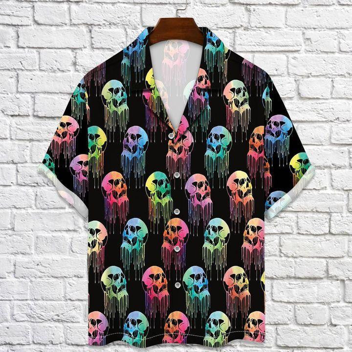 Skull Colorful With Black Background Pattern Hawaiian Shirt,Hawaiian Shirt Gift, Christmas Gift