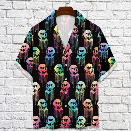 Skull Colorful With Black Background Pattern Hawaiian Shirt,Hawaiian Shirt Gift, Christmas Gift