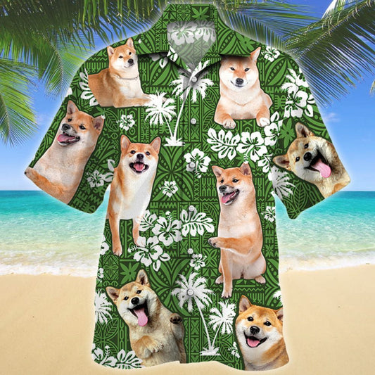 Green Background Shiba Inu Green Tribal Pattern Hawaiian Shirt, Hawaiian Shirt Gift, Christmas Gift