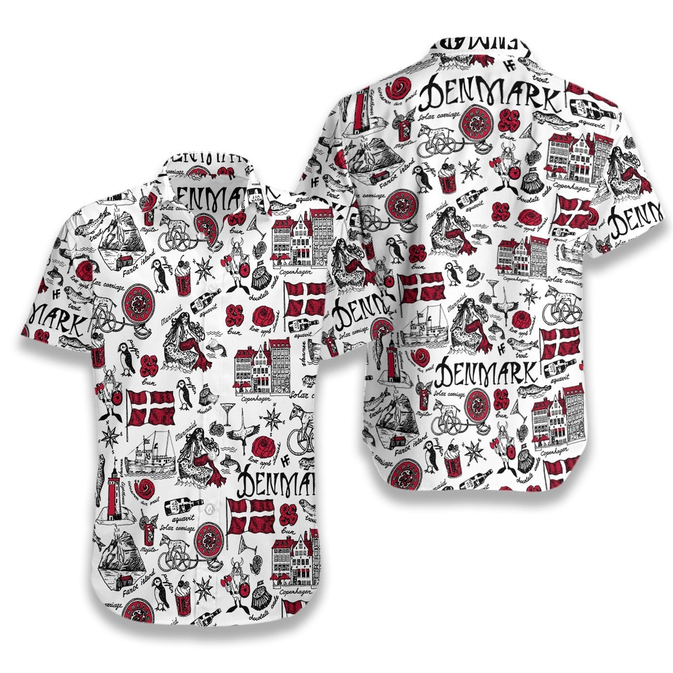 I Love Denmark Doodle Pattern Hawaiian Shirt, Hawaiian For Gift