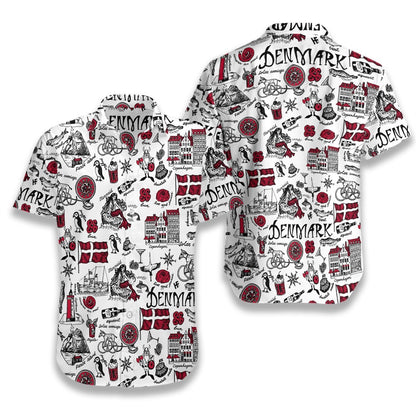 I Love Denmark Doodle Pattern Hawaiian Shirt, Hawaiian For Gift