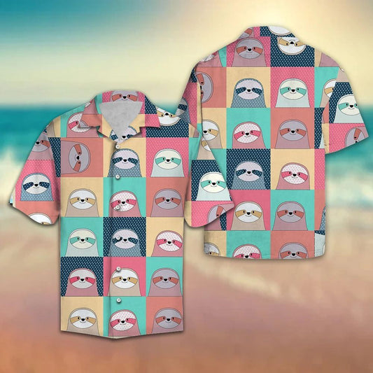 Baby Sloths Portrait Cartoon On Colorful Frame Hawaiian Shirt, Hawaiian Shirt Gift, Christmas Gift