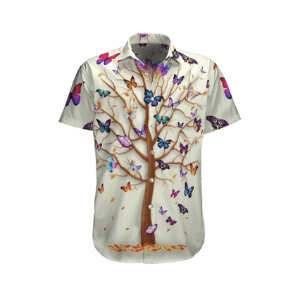 Hippie Tree And Butterfly Background Design Hawaiian Shirt, Hawaiian For Gift
