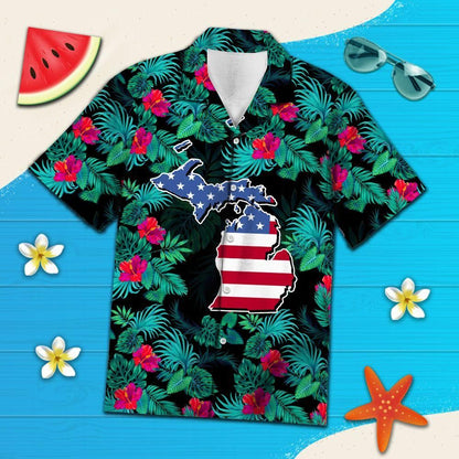 Aloha Shirt Michigan Tropical Hawaiian Aloha Shirt Hawaiian Shorts Beach Short Sleeve, Christmas Gift