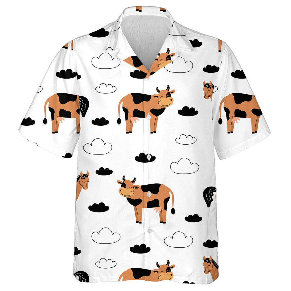 Ainmhithe Bó Agus Capall Feirme ar Chúlra Bán Léine Haváís, Bronntanas Léine Haváíais, Bronntanas Nollag