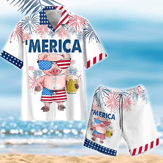 Cute Merica Pink Pig Design Hawaiian Shirt,Hawaiian Shirt Gift, Christmas Gift