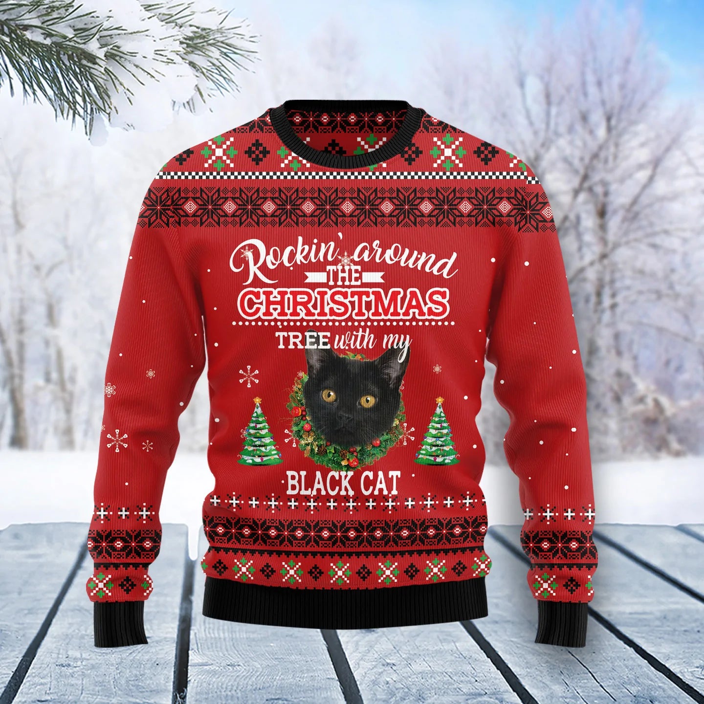 Black Cat Rockin unisex mná &amp; fir, lánúin ag meaitseáil, cairde, teaghlaigh greannmhar bronntanais geansaí gránna saoire na Nollag