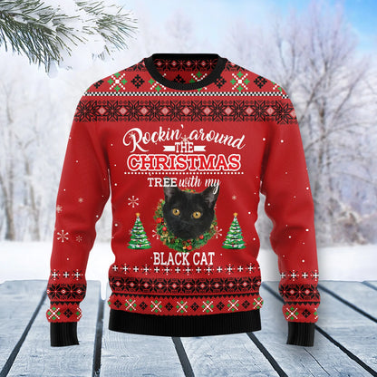 Black Cat Rockin unisex mná &amp; fir, lánúin ag meaitseáil, cairde, teaghlaigh greannmhar bronntanais geansaí gránna saoire na Nollag