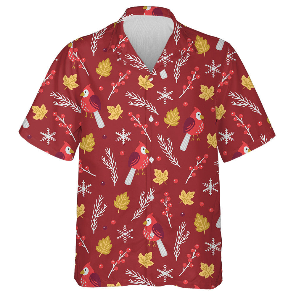 Little Red Cardinal Bird Leaves And Berries Hawaiian Shirt, Hawaiian Shirt Gift, Christmas Gift