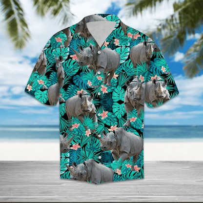 Rhino Tropical Leave And Flowers Pattern Hawaiian Shirt,Hawaiian Shirt Gift, Christmas Gift