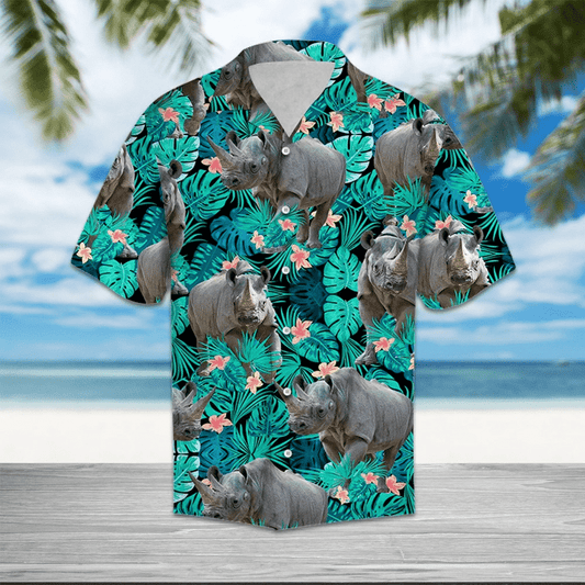 Rhino Tropical Leave And Flowers Pattern Hawaiian Shirt,Hawaiian Shirt Gift, Christmas Gift