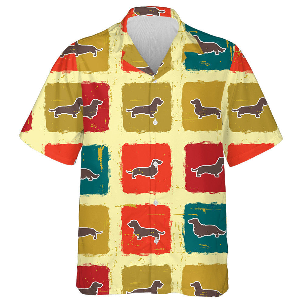 Theme Dachshund In Retro Color Squares Hawaiian Shirt,Hawaiian Shirt Gift, Christmas Gift