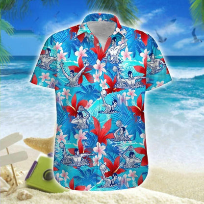 Water Polo And Red Flowers Design Hawaiian Shirt, Hwaiian For Gift