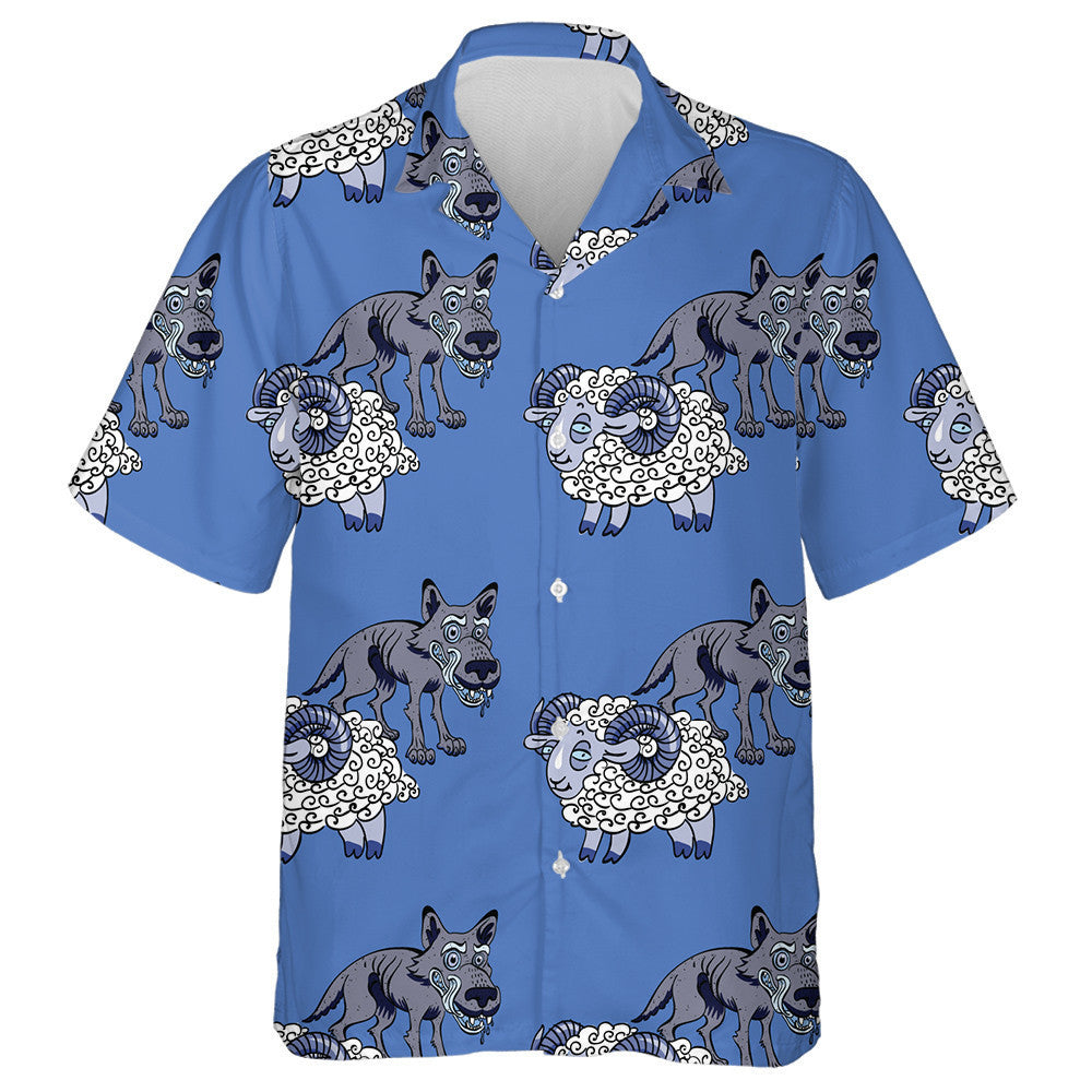 Sheep And Grey Old Wolf On Blue Hawaiian Shirt, Hawaiian Shirt Gift, Christmas Gift