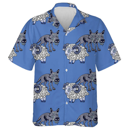 Sheep And Grey Old Wolf On Blue Hawaiian Shirt, Hawaiian Shirt Gift, Christmas Gift