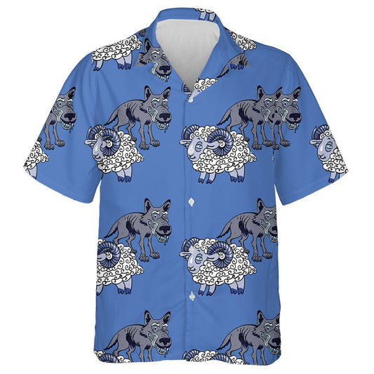 Sheep And Grey Old Wolf On Blue Hawaiian Shirt, Hawaiian Shirt Gift, Christmas Gift