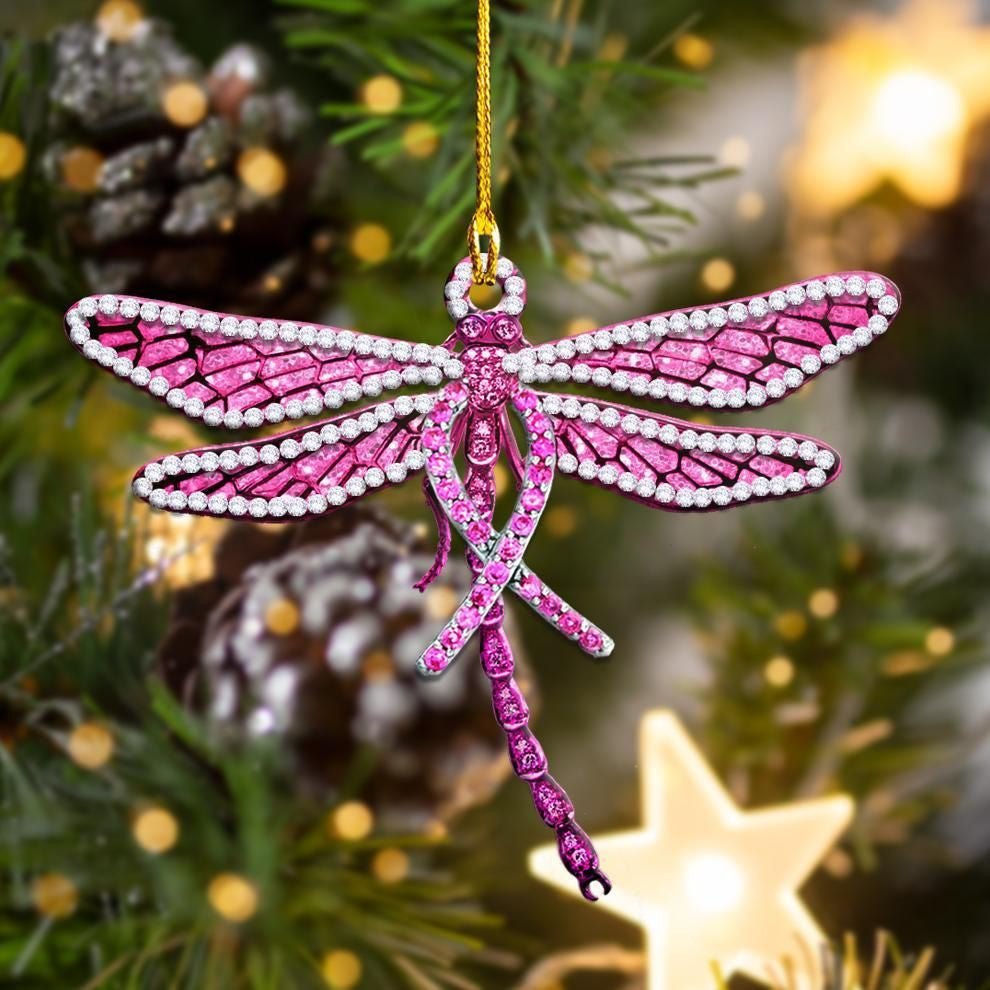 Breast Cancer Diamond Dragonfly Shape Ornament, Christmas Ornament Gift, Christmas Gift, Christmas Decoration