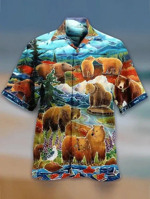 Bear Cute Hawaiian Aloha Shirt Unisex Shorts Sleeve Colorful Hawaiian Shorts Beach Short Sleeve,Hawaiian Shirt Gift, Christmas Gift