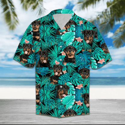 Rottweiler Behind Tropical Leave Pattern Hawaiian Shirt,Hawaiian Shirt Gift, Christmas Gift