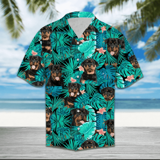 Rottweiler Behind Tropical Leave Pattern Hawaiian Shirt,Hawaiian Shirt Gift, Christmas Gift