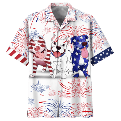 Cute Pitbull Pattern Red And Blue Firework Hawaiian Shirt, Hawaiian Shirt Gift, Christmas Gift