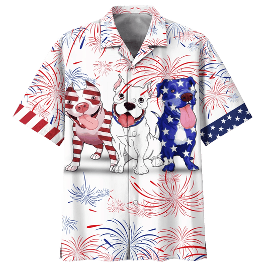 Cute Pitbull Pattern Red And Blue Firework Hawaiian Shirt, Hawaiian Shirt Gift, Christmas Gift