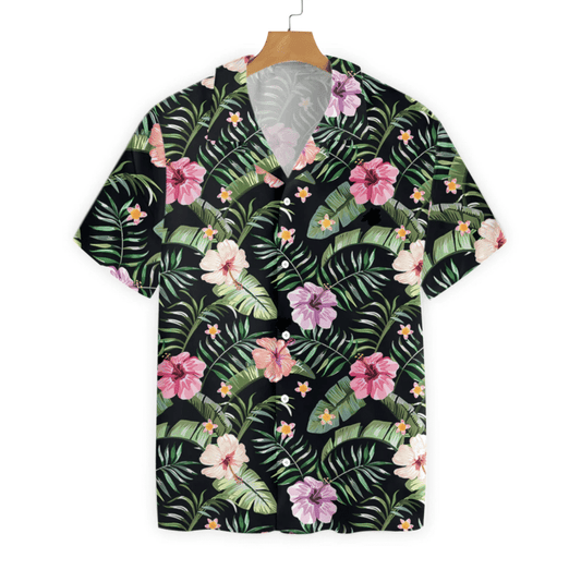 Pink Flower And Tropical Leaves Pattern Hawaiian Shirt,Hawaiian Shirt Gift, Christmas Gift