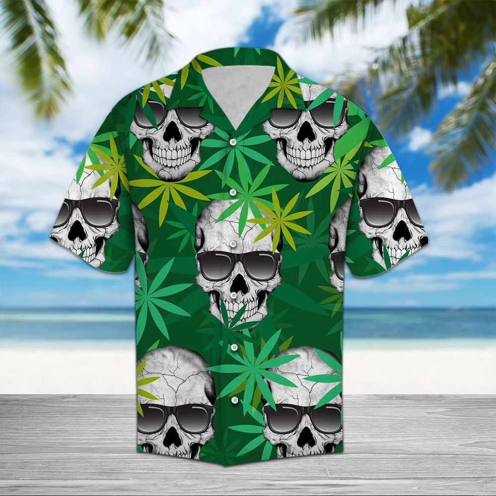 Green And Lime Weed Leaves With Skull Hawaiian Shirt, Hawaiian Shirt Gift, Christmas Gift