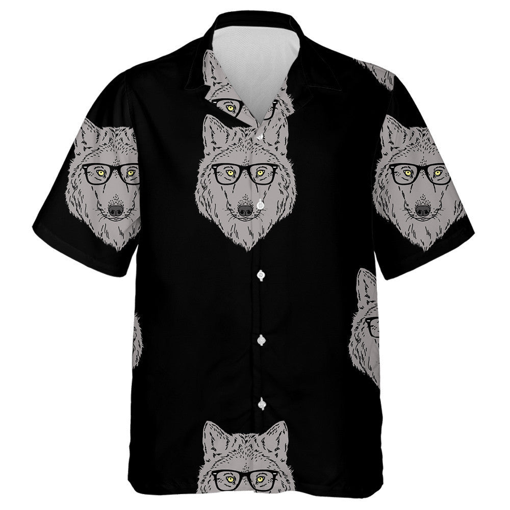 Forest Wolf Wear Glasses On Black Background Hawaiian Shirt, Hawaiian Shirt Gift, Christmas Gift