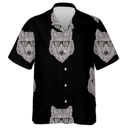 Forest Wolf Wear Glasses On Black Background Hawaiian Shirt, Hawaiian Shirt Gift, Christmas Gift