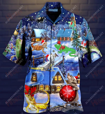 Christmas Lizard Short Short Sleeve Shirt Ocean Aloha Shirt Custom Hawaiian Shirts Hawaiian Shirt Pattern__Hawaiian Shirt Gift, Christmas Gift