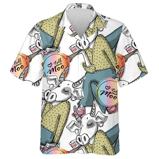 Pretty White Cow With Bow Doodle Style Hawaiian Shirt, Hawaiian Shirt Gift, Christmas Gift