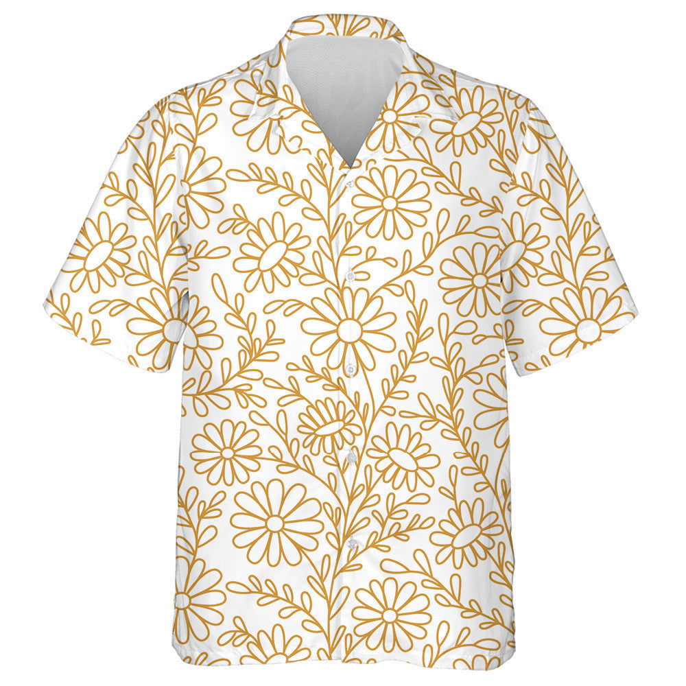 Gold Outline Sunflowers Chamomiles On White Background Hawaiian Shirt, Hawaiian Shirt Gift, Christmas Gift