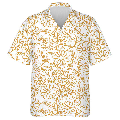 Gold Outline Sunflowers Chamomiles On White Background Hawaiian Shirt, Hawaiian Shirt Gift, Christmas Gift