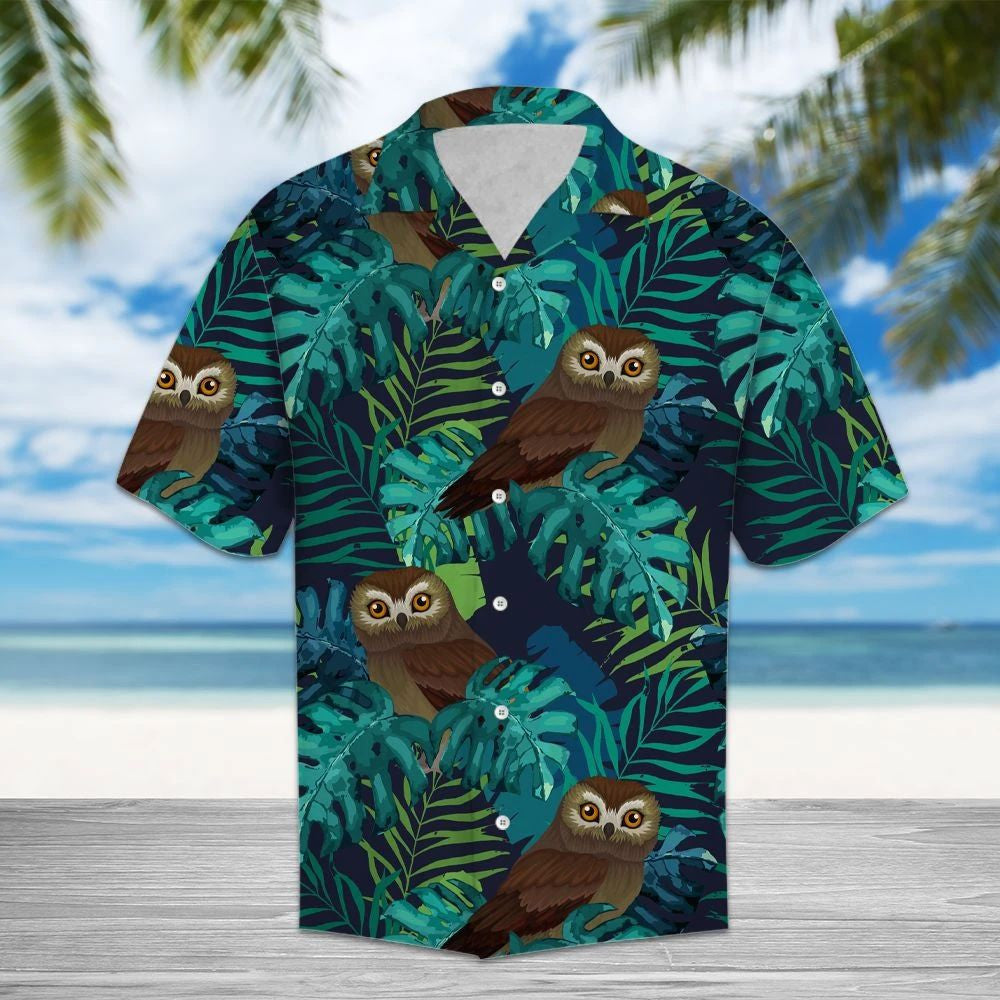 Tropical Owls On Monstera Leaves Pattern Hawaiian Shirt,Hawaiian Shirt Gift, Christmas Gift