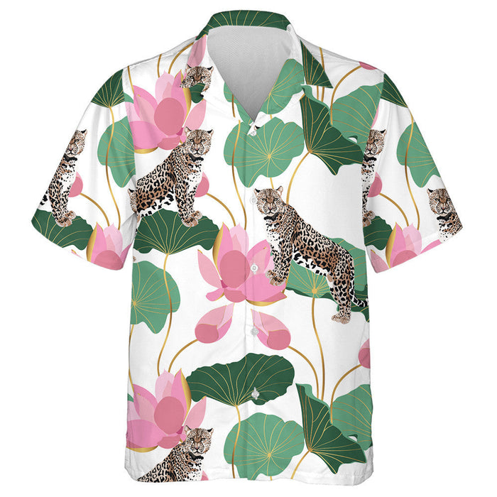 Wild African Leopards Pink Lotuses With Leaves Hawaiian Shirt, Hawaiian Shirt Gift, Christmas Gift