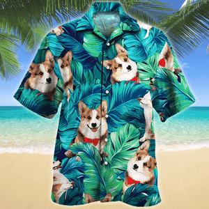 Welsh Corgi Dog Green And Blue Stripe Hawaiian Shirt, Hwaiian For Gift