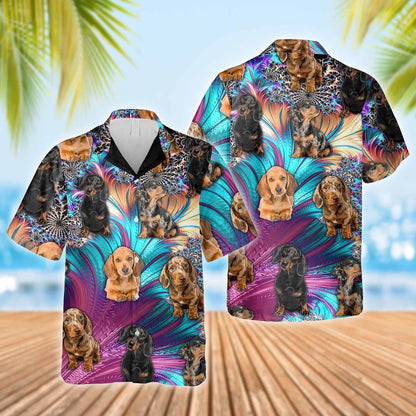 The Love Of Dachshunds Pink Blue Background Hawaiian Shirt, Hawaiian Shirt Gift, Christmas Gift