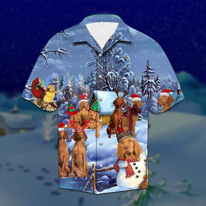 Merry Xmas Funny Brown Vizsla In Snow Hawaiian Shirt, Hawaiian Shirt Gift, Christmas Gift