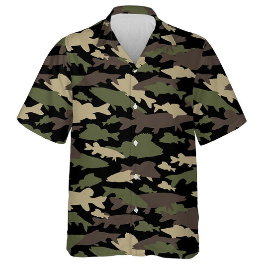 Creative Dark Green Brown Camouflage Fishing Silhouette Hawaiian Shirt, Hawaiian Shirt Gift, Christmas Gift