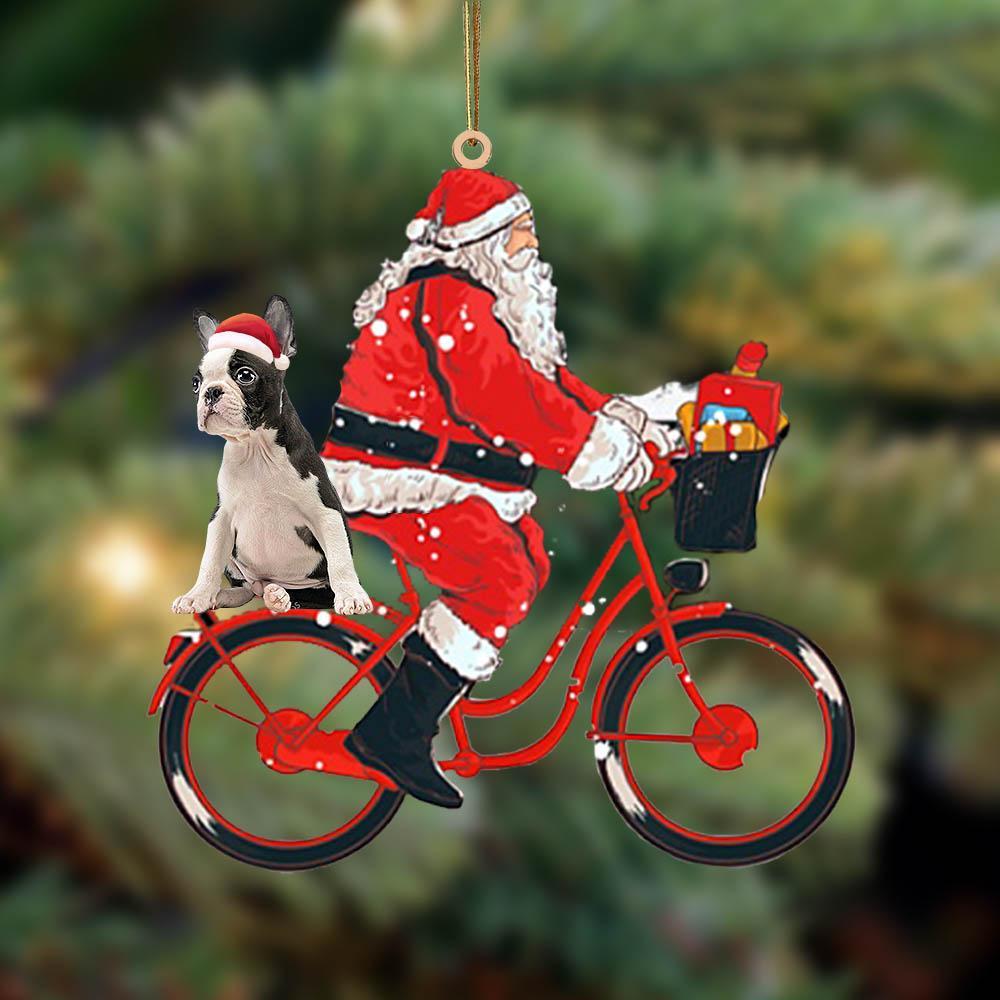 Santa Claus Riding A Bike With Boston Terrier 2-Two Sided Ornament,Christmas Gift,Christmas Decoration