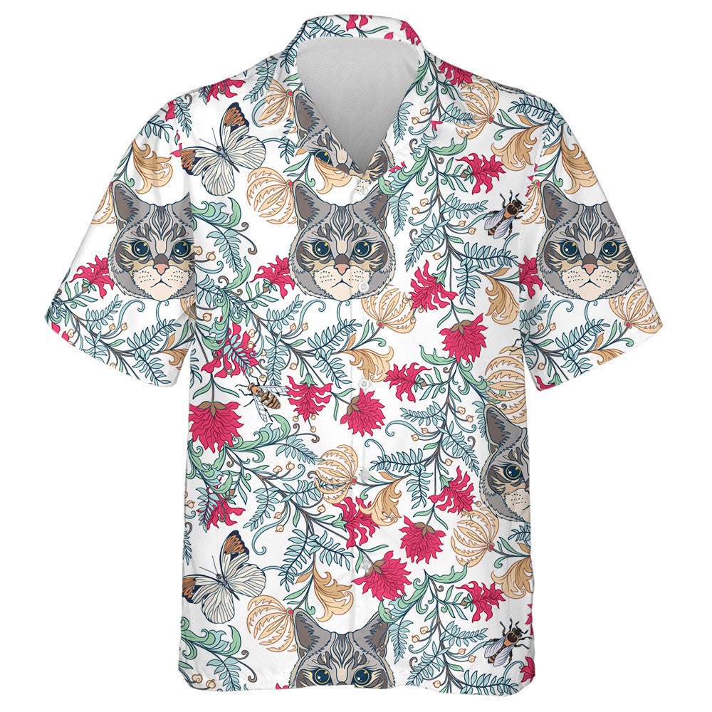 Vintage Style Flowers And Cats On White Hawaiian Shirt, Hawaiian Shirt Gift, Christmas Gift