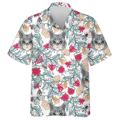 Vintage Style Flowers And Cats On White Hawaiian Shirt, Hawaiian Shirt Gift, Christmas Gift