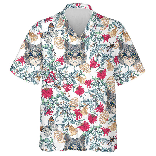 Vintage Style Flowers And Cats On White Hawaiian Shirt, Hawaiian Shirt Gift, Christmas Gift