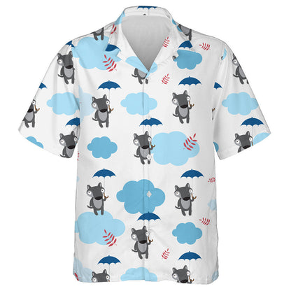 Cute Cartoon Wolf Umbrellas Clouds And Leaves Hawaiian Shirt, Hawaiian Shirt Gift, Christmas Gift