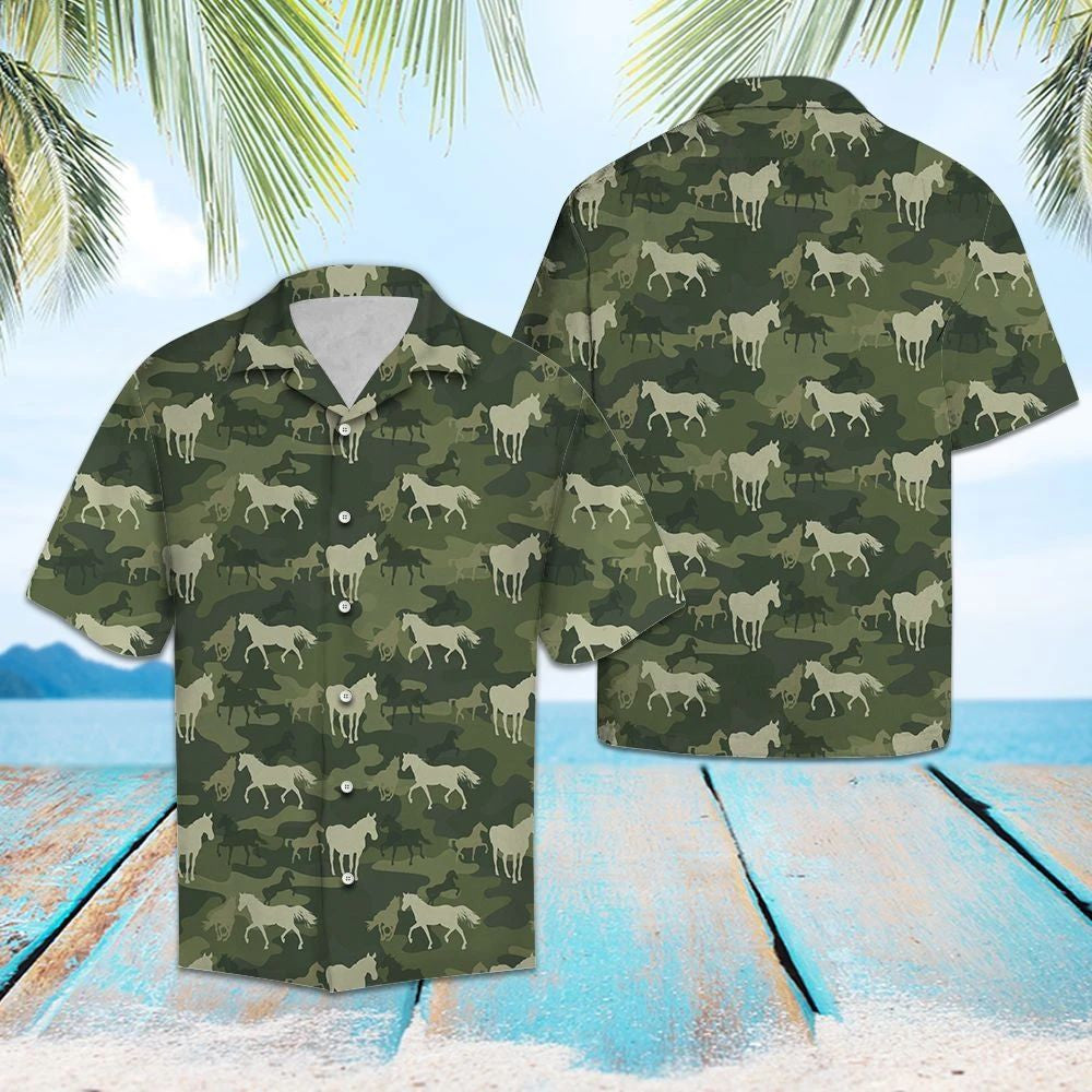 Western Horse On Green Camo Military Pattern Hawaiian Shirt, Hawaiian Shirt Gift, Christmas Gift