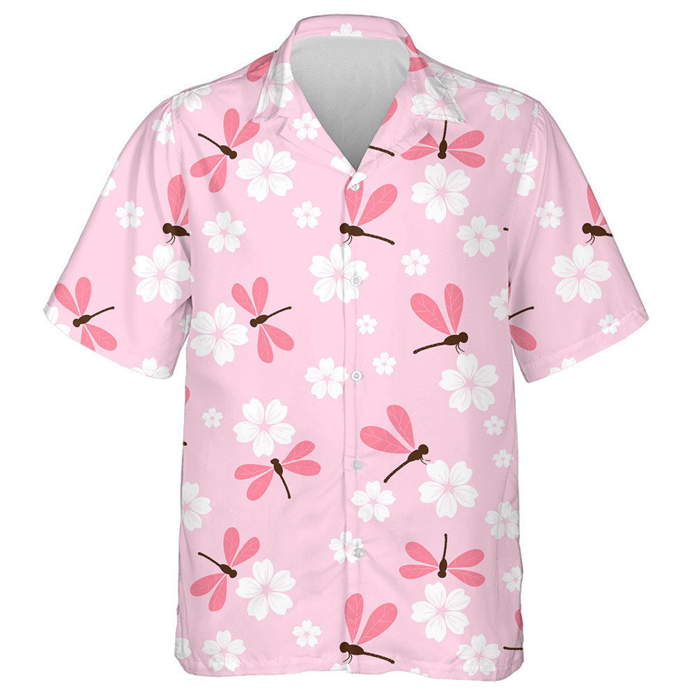 Bright Flying Dragonfly And White Sakura Flower Hawaiian Shirt, Hawaiian Shirt Gift, Christmas Gift